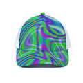 Neon Green Psychedelic Trippy Print White Mesh Trucker Hat