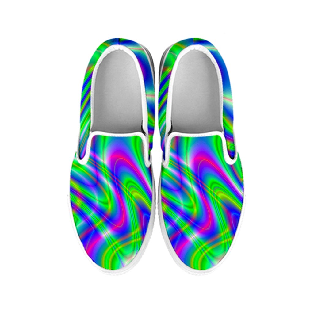 Neon Green Psychedelic Trippy Print White Slip On Sneakers