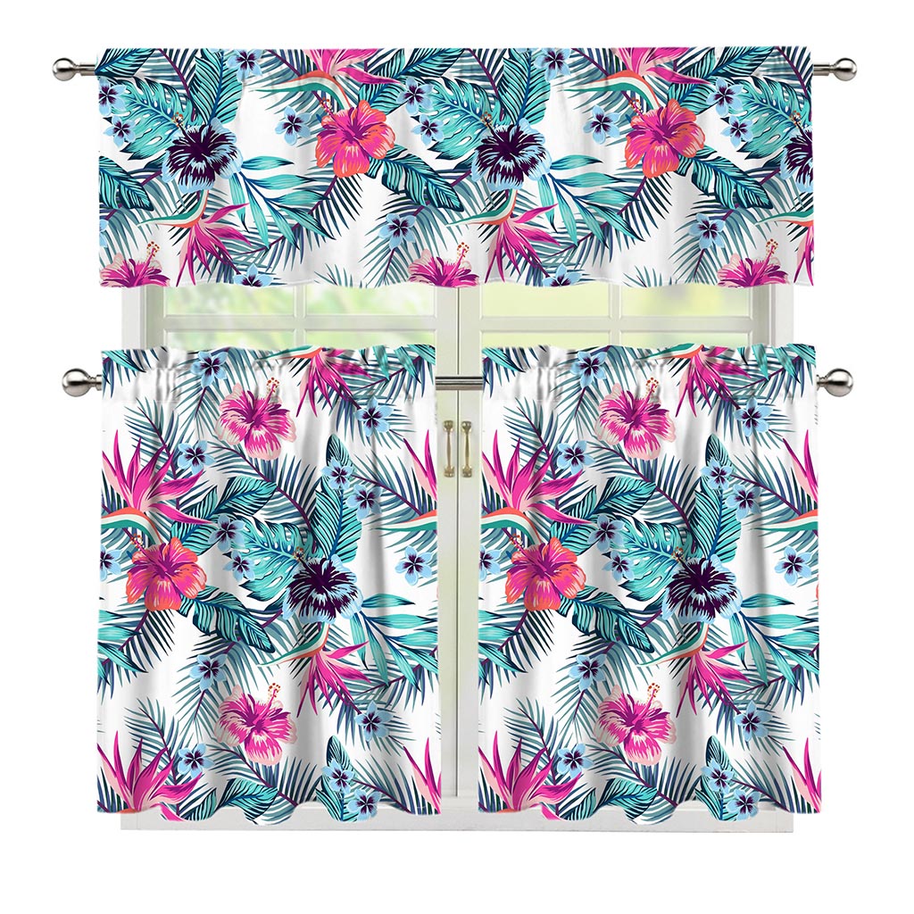 Neon Hibiscus Tropical Pattern Print 3 Piece Kitchen Curtains
