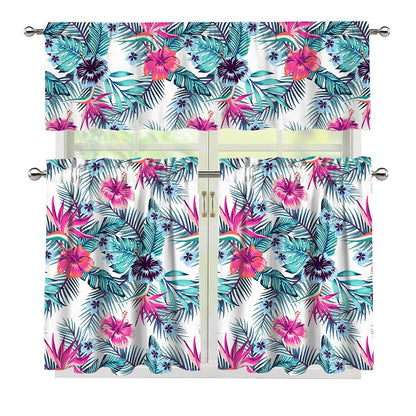 Neon Hibiscus Tropical Pattern Print 3 Piece Kitchen Curtains