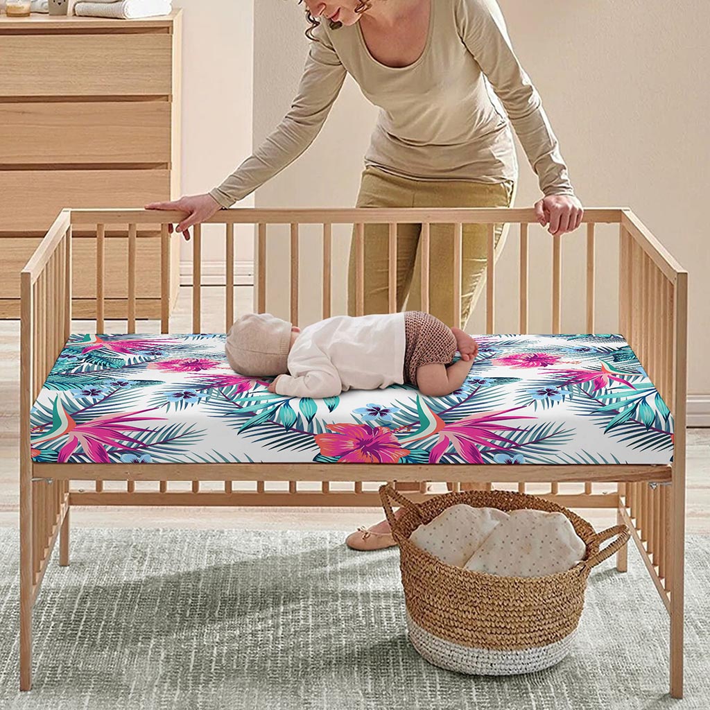 Neon Hibiscus Tropical Pattern Print Baby Crib Sheet