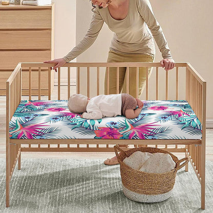 Neon Hibiscus Tropical Pattern Print Baby Crib Sheet