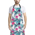 Neon Hibiscus Tropical Pattern Print Bib Apron With Pocket