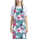 Neon Hibiscus Tropical Pattern Print Bib Apron With Pocket