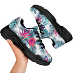 Neon Hibiscus Tropical Pattern Print Black Chunky Shoes