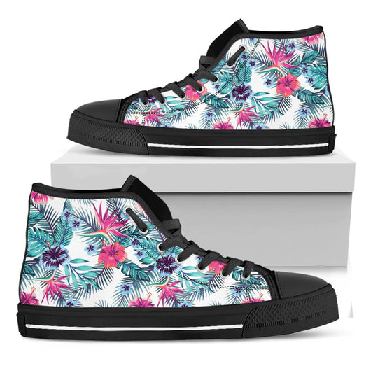 Neon Hibiscus Tropical Pattern Print Black High Top Sneakers