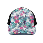 Neon Hibiscus Tropical Pattern Print Black Mesh Trucker Cap