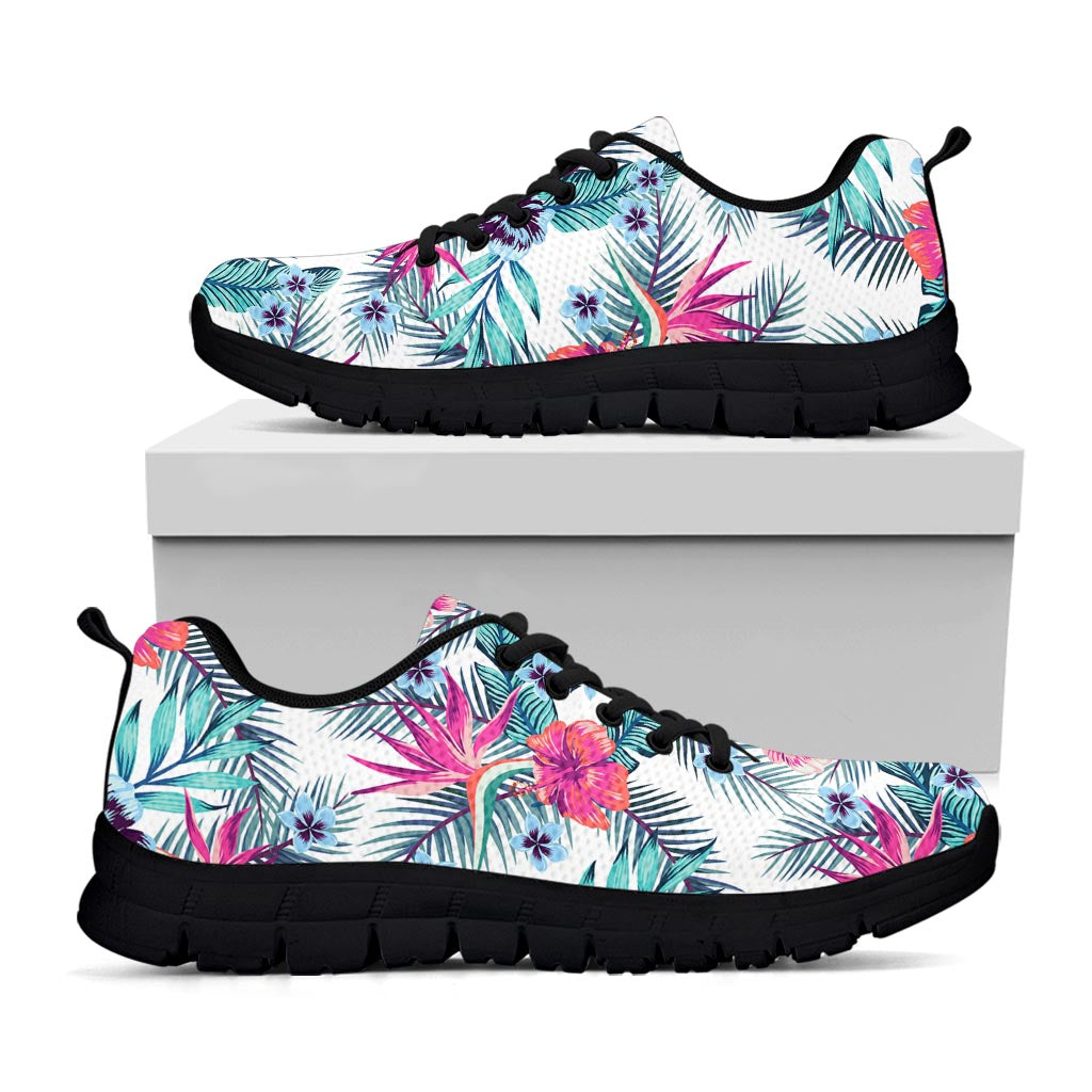 Neon Hibiscus Tropical Pattern Print Black Running Shoes