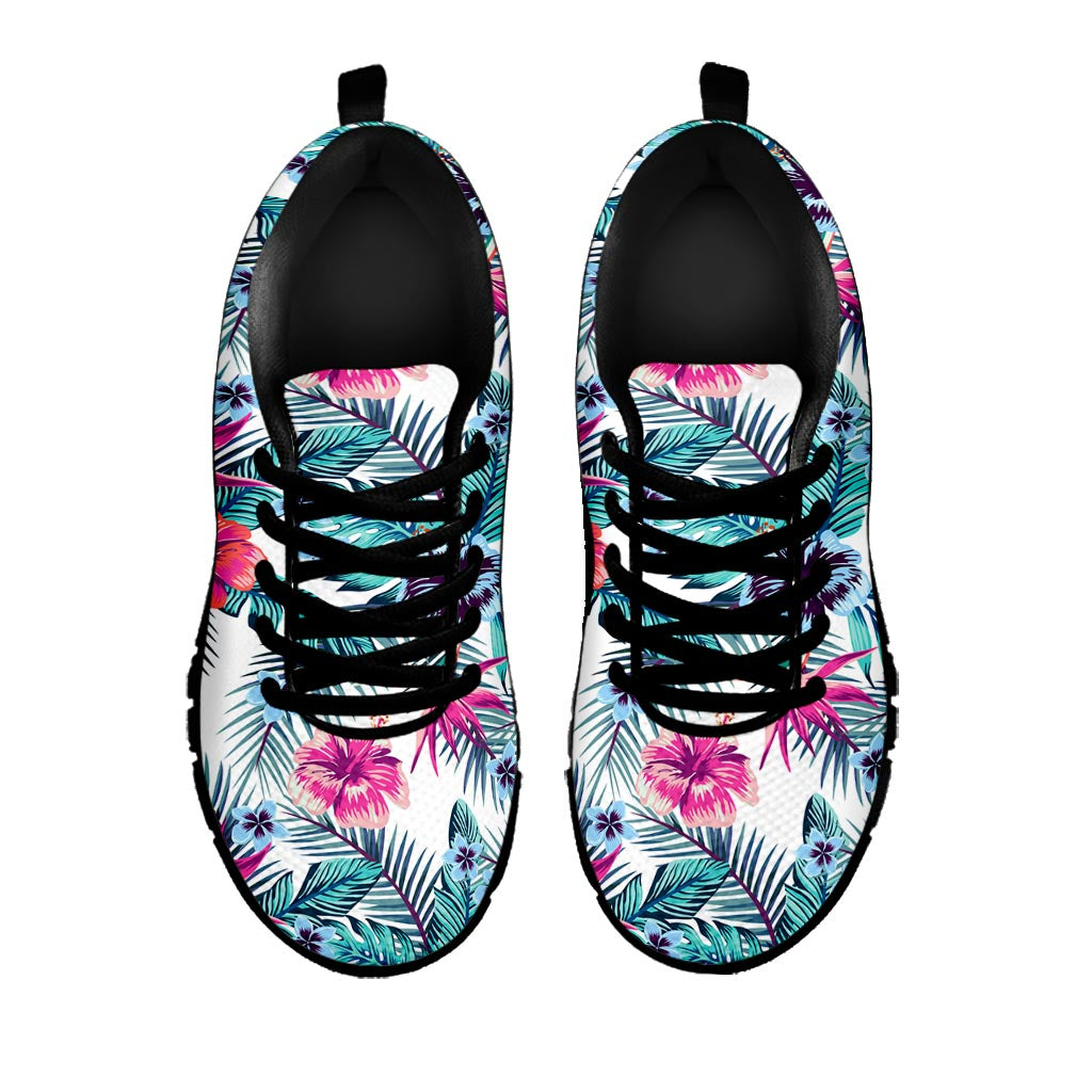 Neon Hibiscus Tropical Pattern Print Black Running Shoes