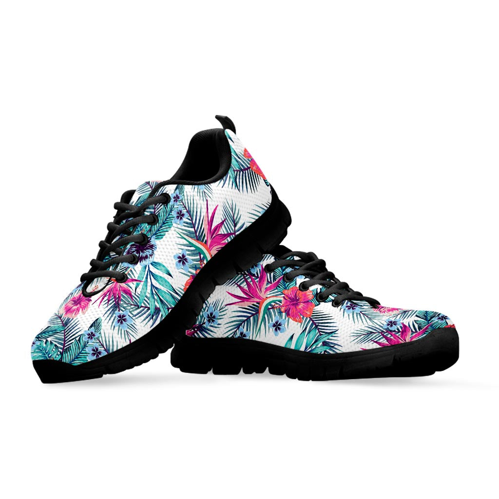 Neon Hibiscus Tropical Pattern Print Black Running Shoes