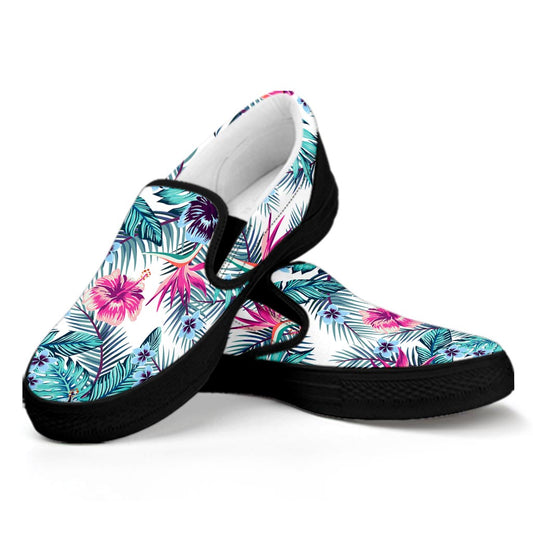 Neon Hibiscus Tropical Pattern Print Black Slip On Sneakers