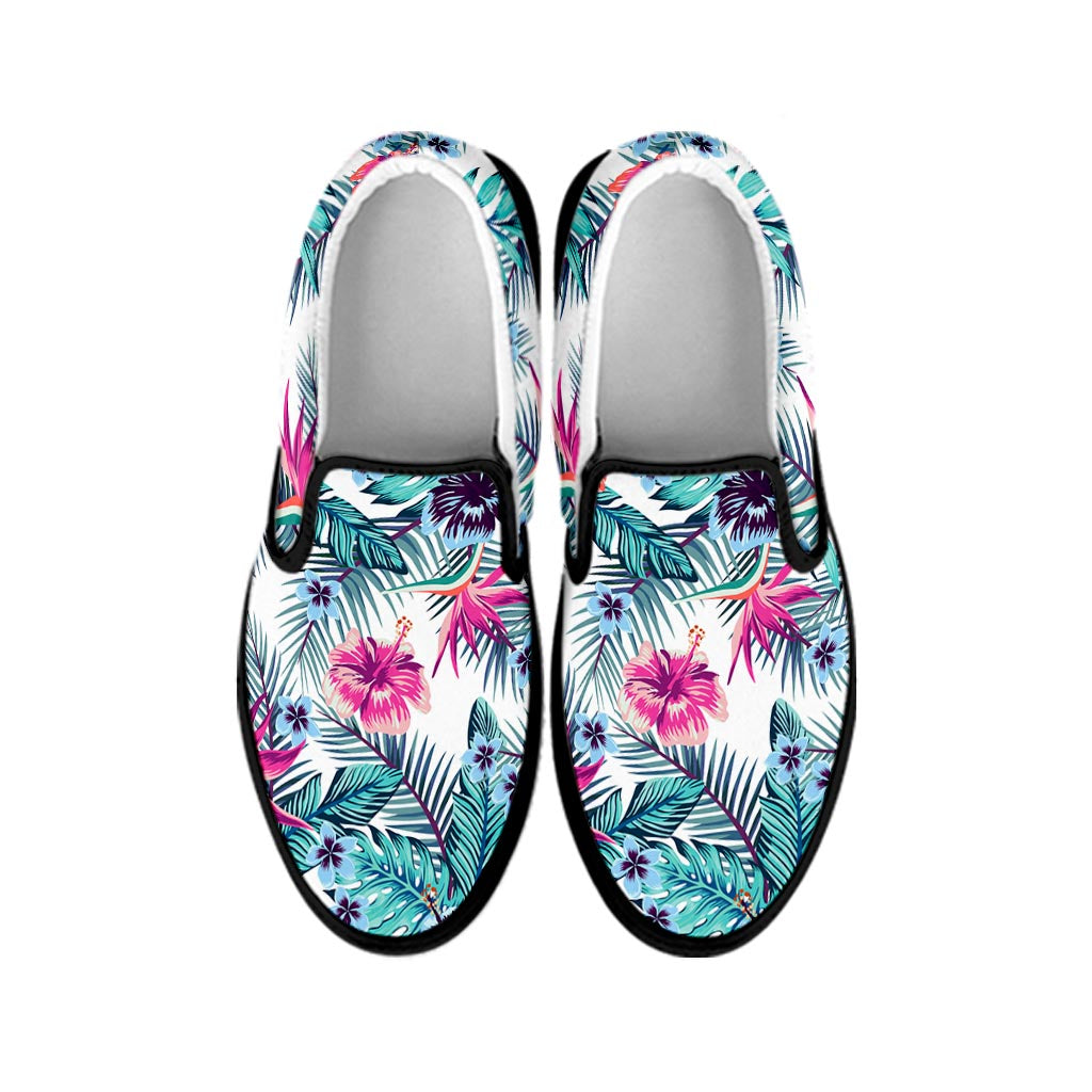 Neon Hibiscus Tropical Pattern Print Black Slip On Sneakers
