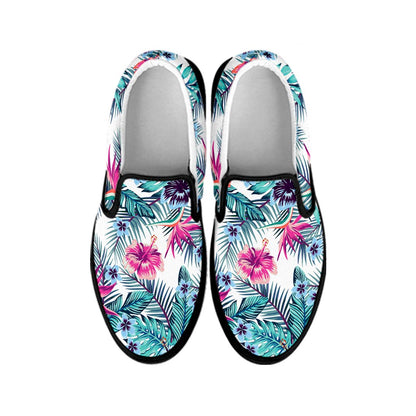 Neon Hibiscus Tropical Pattern Print Black Slip On Sneakers