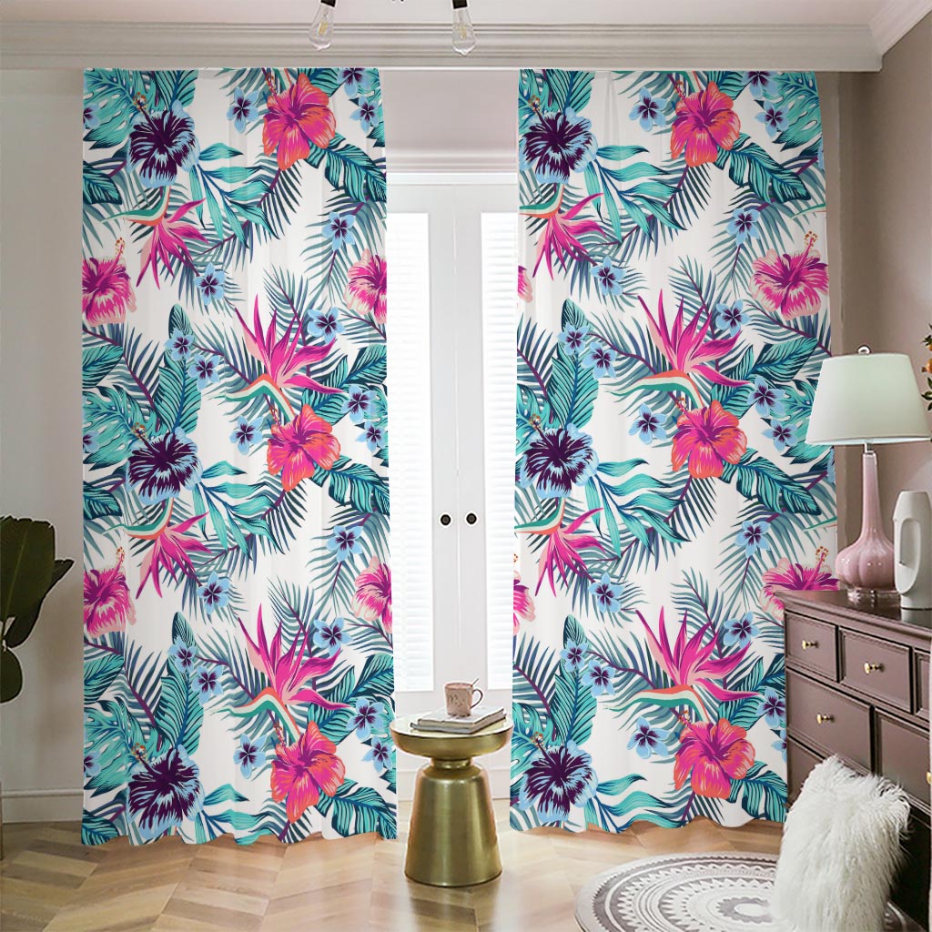 Neon Hibiscus Tropical Pattern Print Blackout Pencil Pleat Curtains