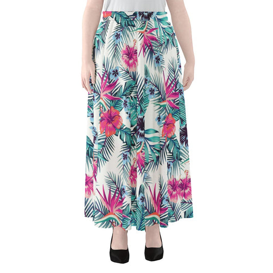 Neon Hibiscus Tropical Pattern Print Chiffon Maxi Skirt