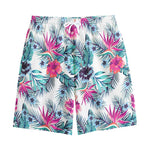 Neon Hibiscus Tropical Pattern Print Cotton Shorts