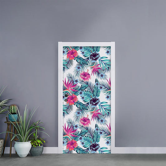 Neon Hibiscus Tropical Pattern Print Door Sticker