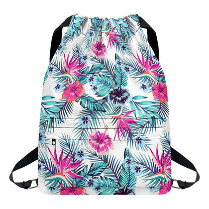 Neon Hibiscus Tropical Pattern Print Drawstring Backpack