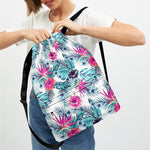 Neon Hibiscus Tropical Pattern Print Drawstring Backpack