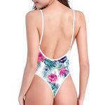 Neon Hibiscus Tropical Pattern Print High Cut One Piece Swimsuit
