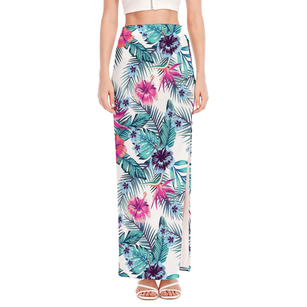 Neon Hibiscus Tropical Pattern Print High Slit Maxi Skirt