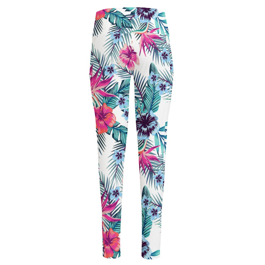 Neon Hibiscus Tropical Pattern Print High-Waisted Pocket Leggings