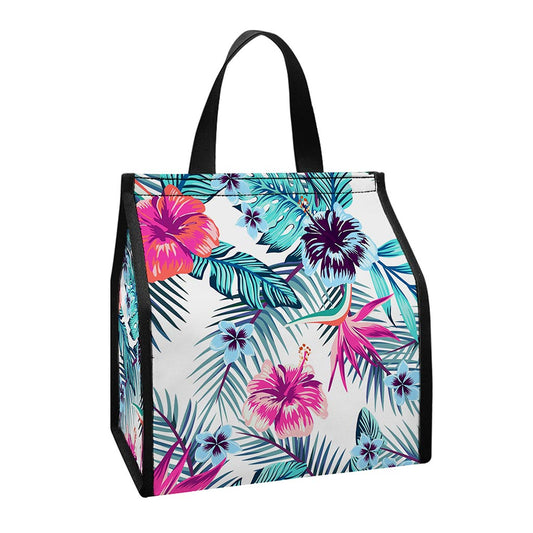 Neon Hibiscus Tropical Pattern Print Insulated Lunch Tote