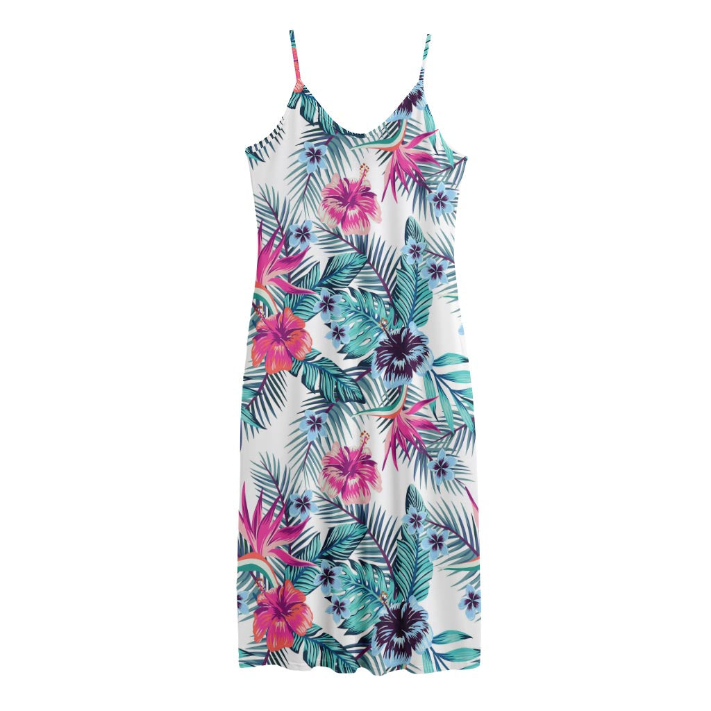 Neon Hibiscus Tropical Pattern Print Jersey Midi Cami Dress