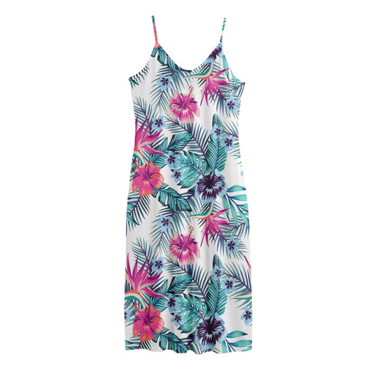 Neon Hibiscus Tropical Pattern Print Jersey Midi Cami Dress