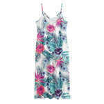 Neon Hibiscus Tropical Pattern Print Jersey Midi Cami Dress