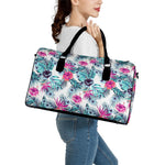 Neon Hibiscus Tropical Pattern Print Leather Duffle Bag