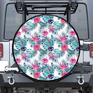 Neon Hibiscus Tropical Pattern Print Leather Spare Tire Cover