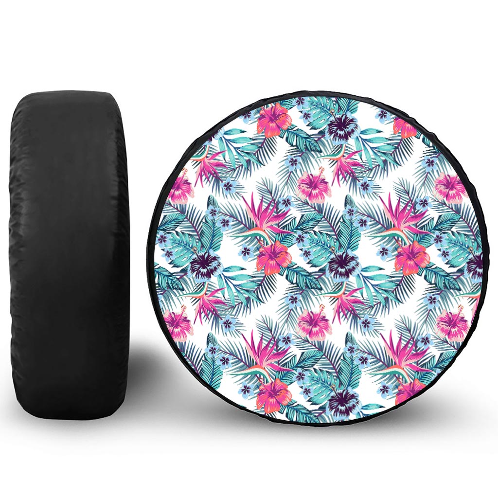 Neon Hibiscus Tropical Pattern Print Leather Spare Tire Cover