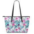 Neon Hibiscus Tropical Pattern Print Leather Tote Bag With Zipper