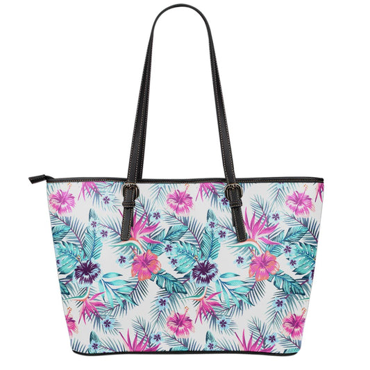 Neon Hibiscus Tropical Pattern Print Leather Tote Bag