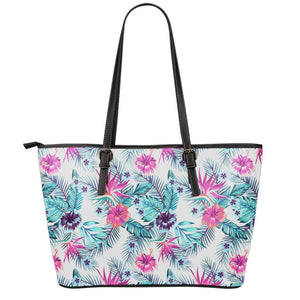Neon Hibiscus Tropical Pattern Print Leather Tote Bag