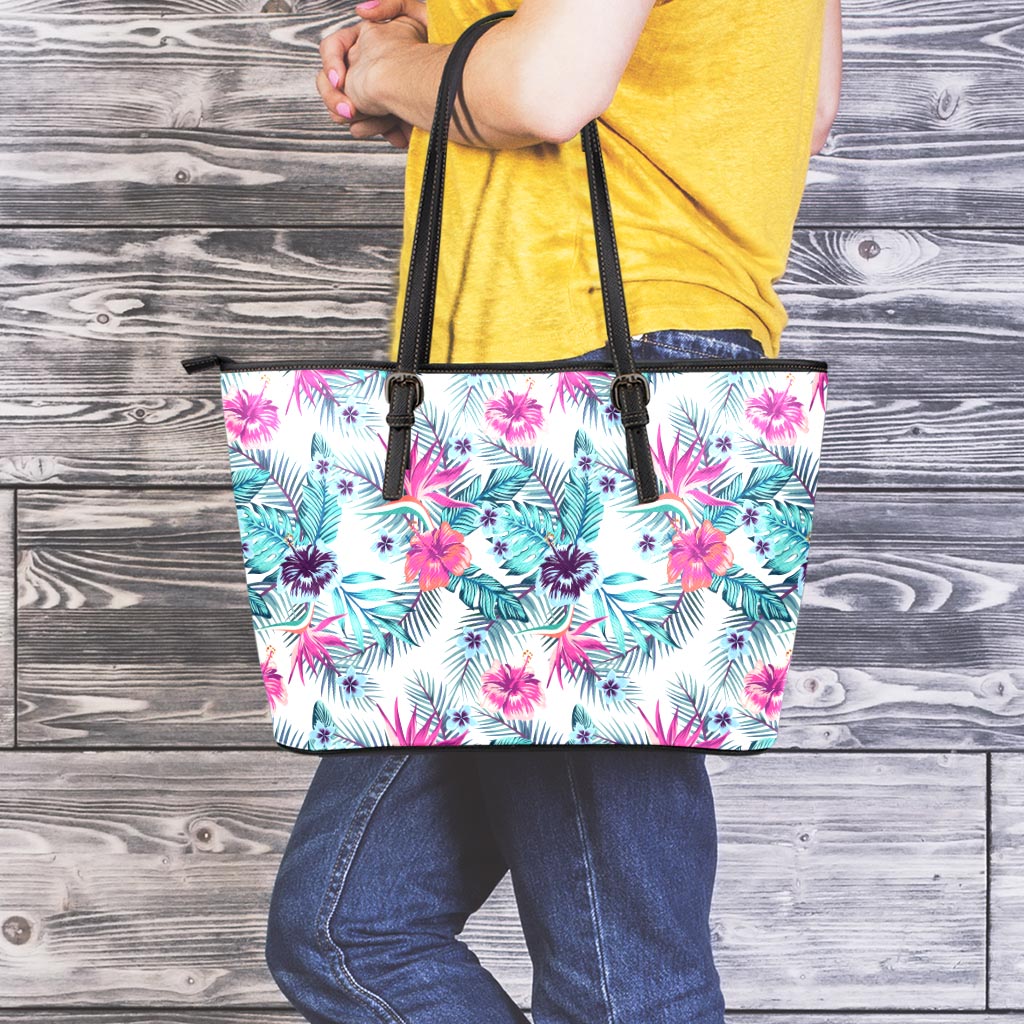 Neon Hibiscus Tropical Pattern Print Leather Tote Bag
