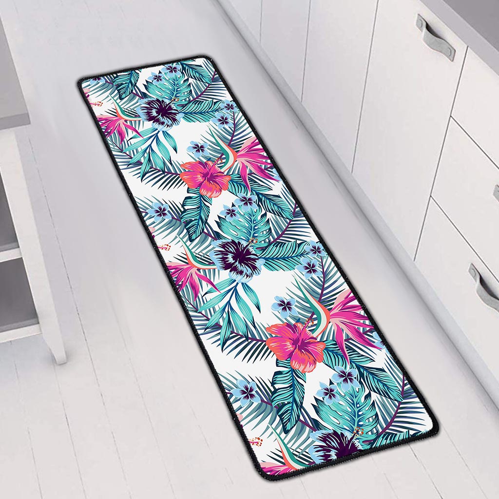 Neon Hibiscus Tropical Pattern Print Long Kitchen Mat