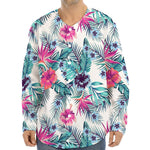 Neon Hibiscus Tropical Pattern Print Long Sleeve Baseball Jersey