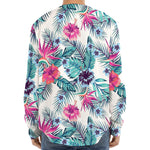 Neon Hibiscus Tropical Pattern Print Long Sleeve Baseball Jersey