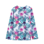Neon Hibiscus Tropical Pattern Print Long Sleeve Short Coat