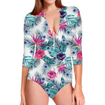Neon Hibiscus Tropical Pattern Print Long Sleeve Swimsuit