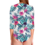 Neon Hibiscus Tropical Pattern Print Long Sleeve Swimsuit