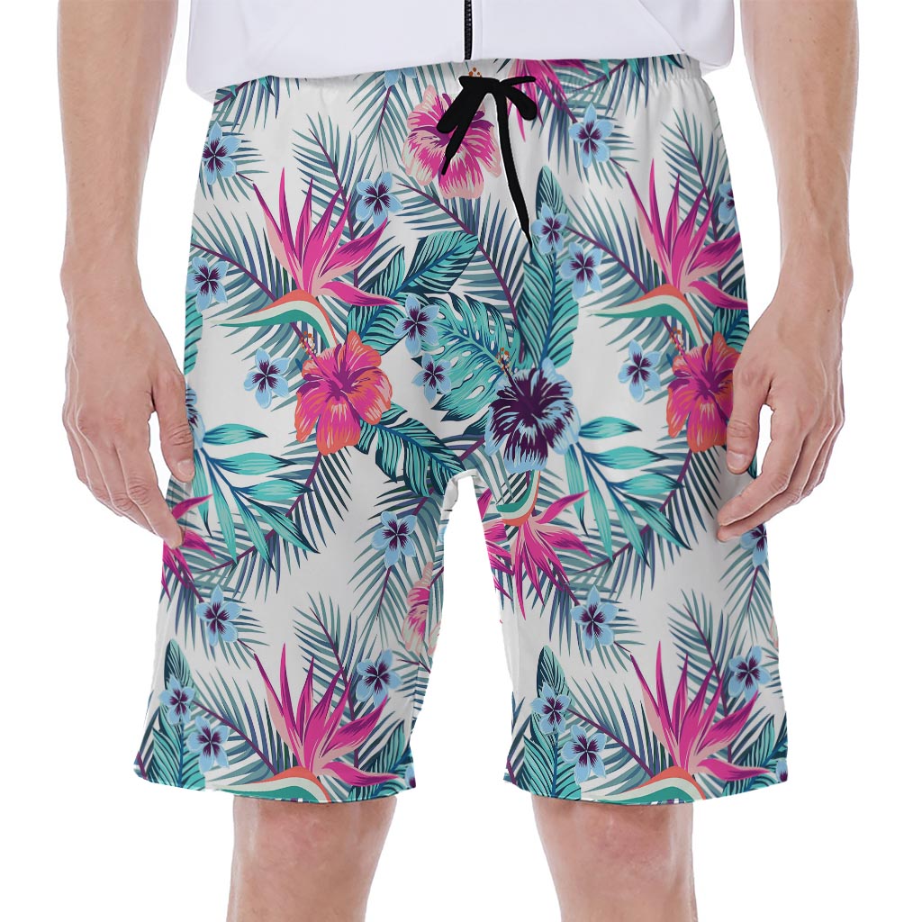 Neon Hibiscus Tropical Pattern Print Men's Beach Shorts