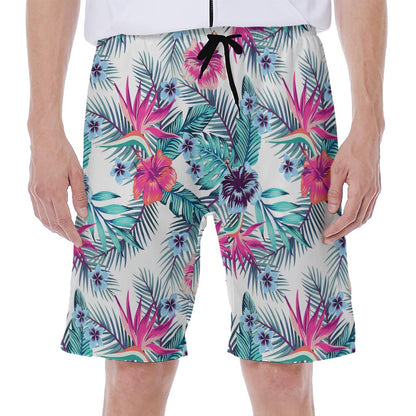 Neon Hibiscus Tropical Pattern Print Men's Beach Shorts