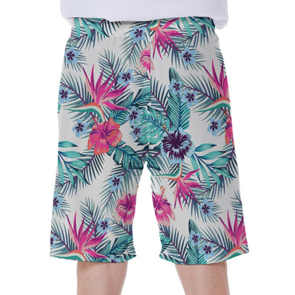 Neon Hibiscus Tropical Pattern Print Men's Beach Shorts