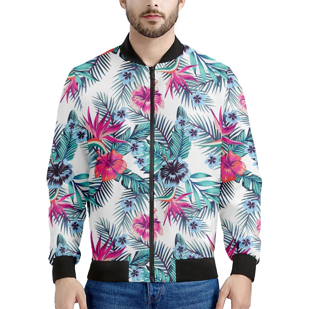 Neon Hibiscus Tropical Pattern Print Men's Bomber Jacket