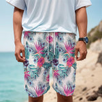 Neon Hibiscus Tropical Pattern Print Men's Cargo Shorts