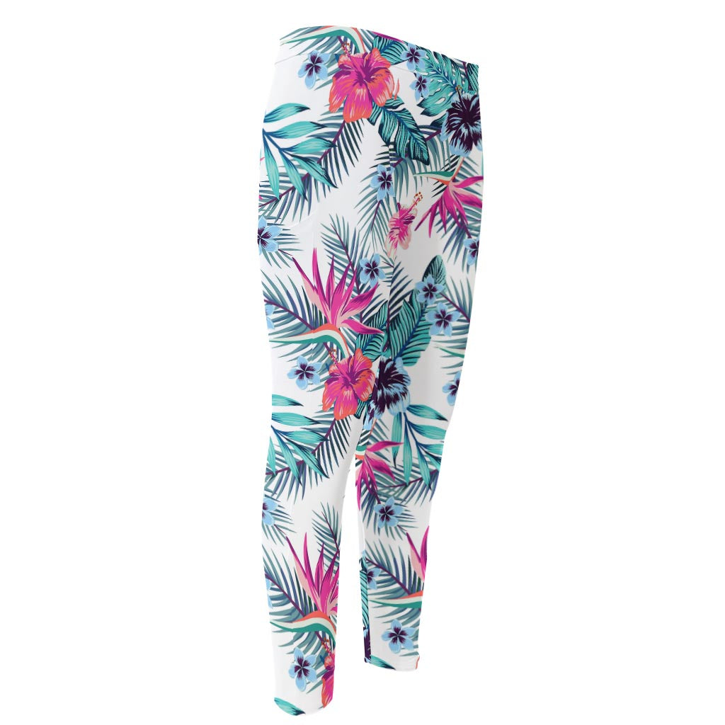 Neon Hibiscus Tropical Pattern Print Men's Compression Pants