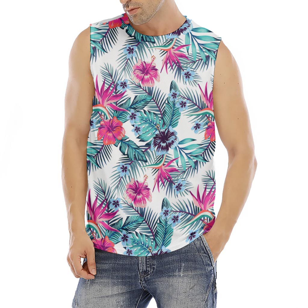 Neon Hibiscus Tropical Pattern Print Men's Fitness Tank Top